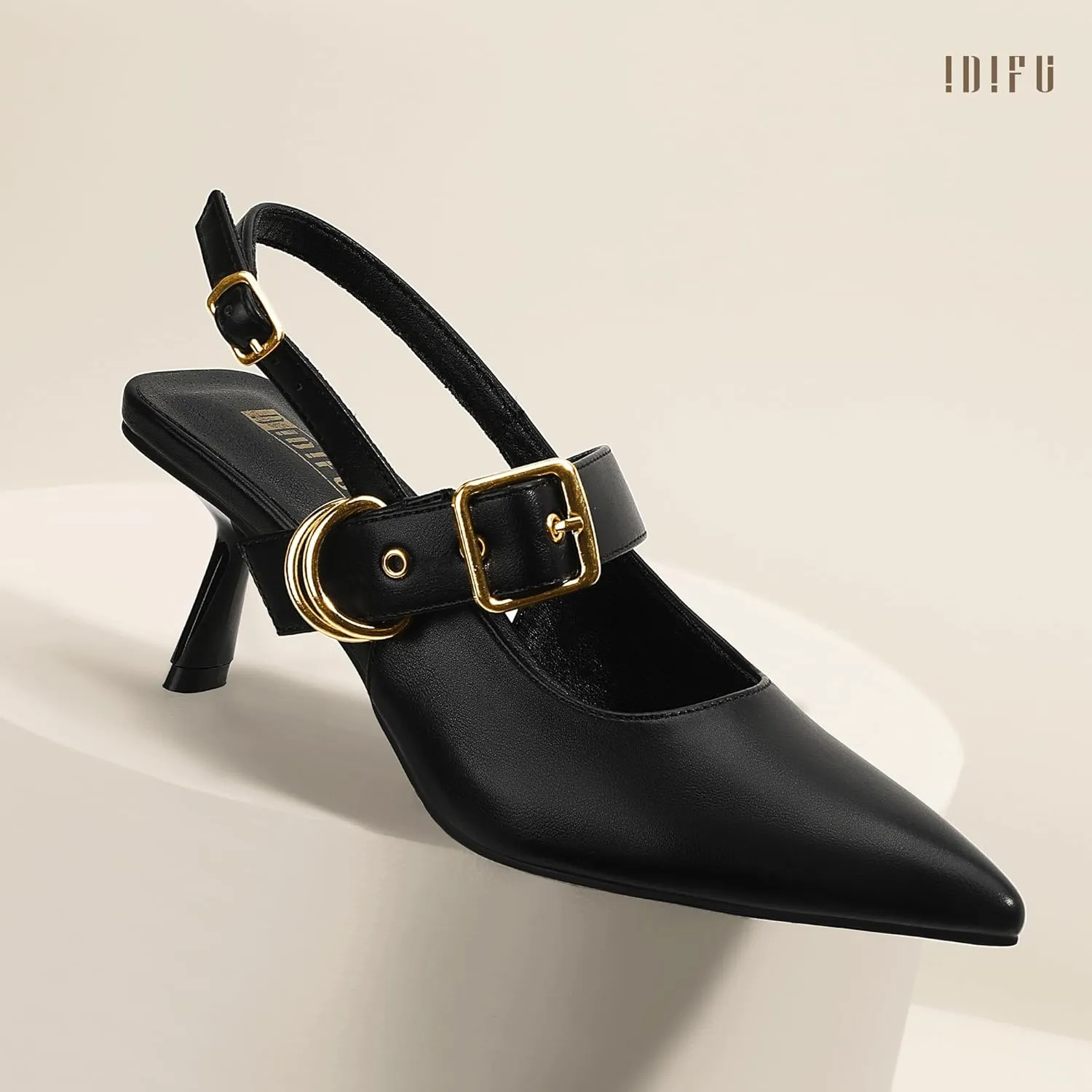 IDIFU IN3 Kitten Heels Slingback Closed Pointed Toe Low Pumps Dress Shoes for Women Bride Ladies Guest Comfortable Dressy Formal Cute Wedding Office Work Business Buckle Heels Pumps
