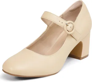 IDIFU IN3 Mary Jane Pumps Closed Toe Low Short Chunky Block Dress Shoes for Women Wedding Bridal Flight Attendant Heels Formal Cute Round Toe Vintage Small Thick Pumps Heels with Round Buckle