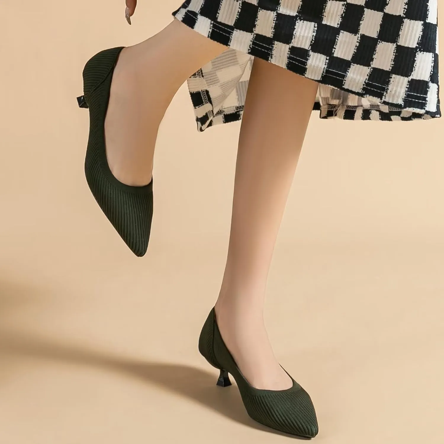INEELUYI Women's Kitten Heel Pumps Vintage Low Heel Knit Pumps Pointed Toe Wedding Dress Pumps Shoes