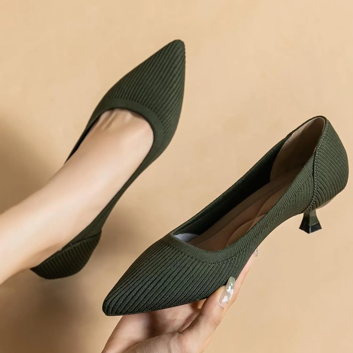 INEELUYI Women's Kitten Heel Pumps Vintage Low Heel Knit Pumps Pointed Toe Wedding Dress Pumps Shoes