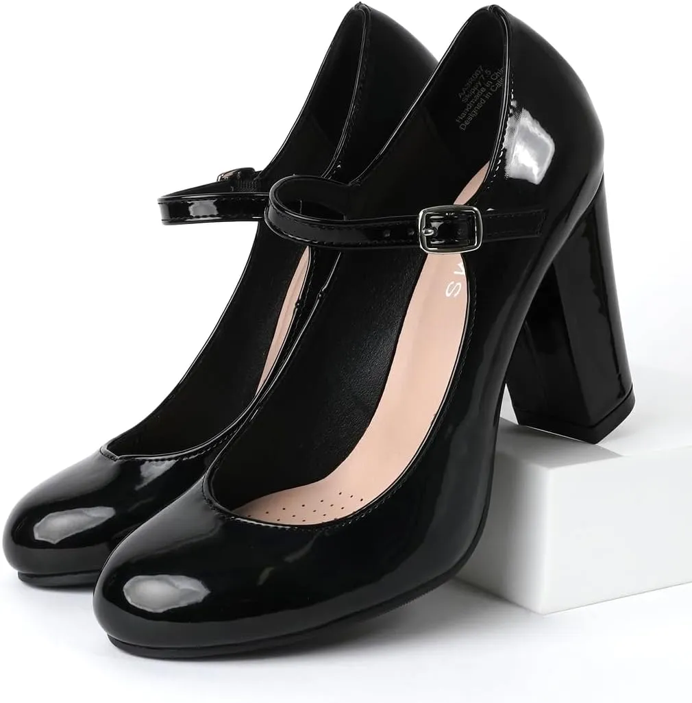 J. Adams Skippy Heels for Women - Round Toe Chunky High Heel Mary Jane Pumps