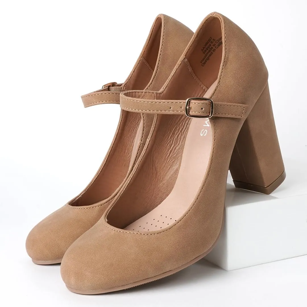 J. Adams Skippy Heels for Women - Round Toe Chunky High Heel Mary Jane Pumps