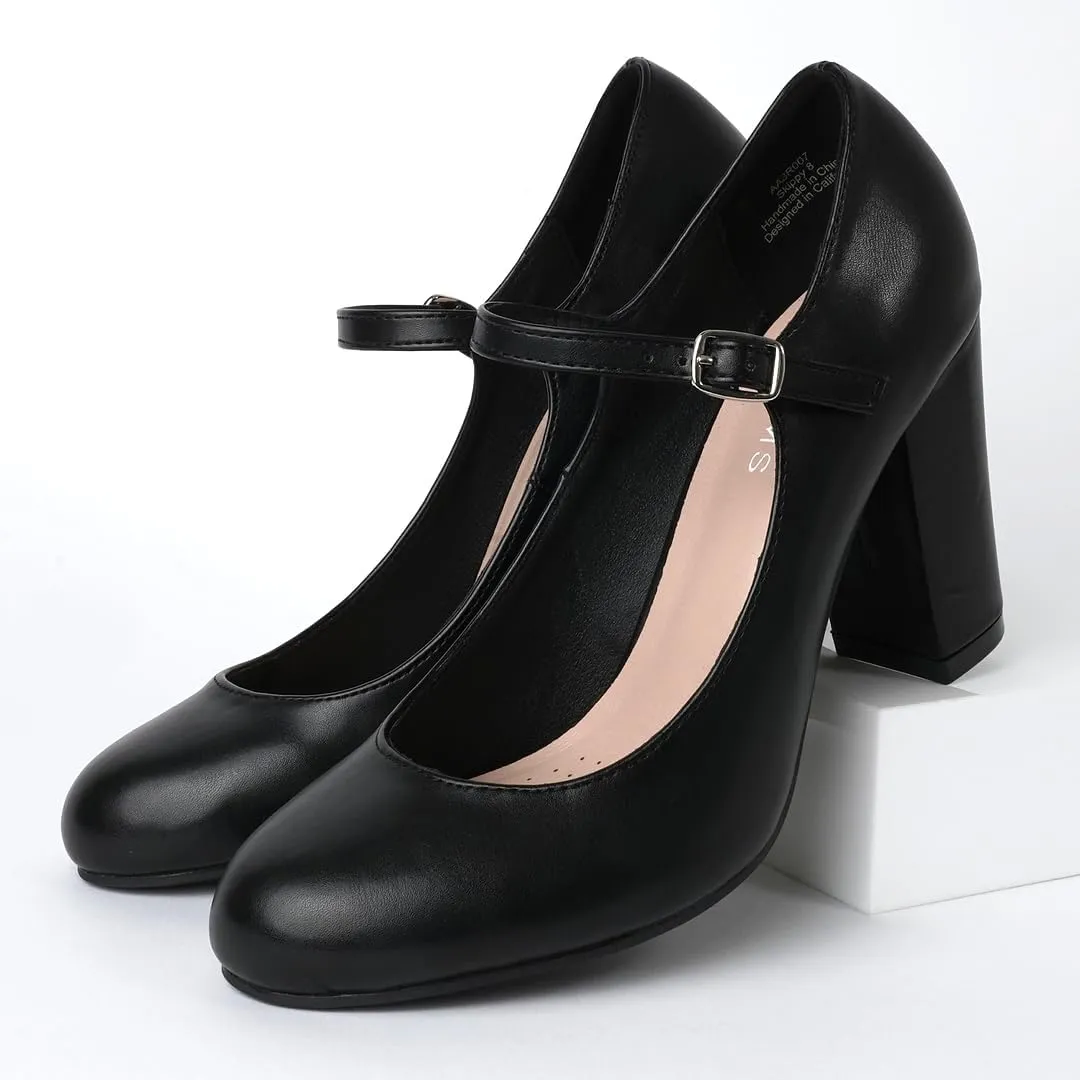 J. Adams Skippy Heels for Women - Round Toe Chunky High Heel Mary Jane Pumps
