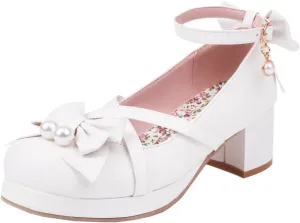 Kawaii Platform Shoes Mary Jane Chunky Heel Bowknot Ankle Strap Round Toe Mid Heel Pumps for Women Cute Closed Toe Strappy Dress Goth Shoes