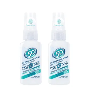 KINeSYS Fragrance Free Clear Spray Sunscreen for sensitive skin, SPF 50, Hypoallergenic, Broad Spectrum UVA/UVB protection Face & Body; PABA and Oxybenzone FREE, 170  Sprays, 1 Fl Oz/30 ml (Pack of 2)