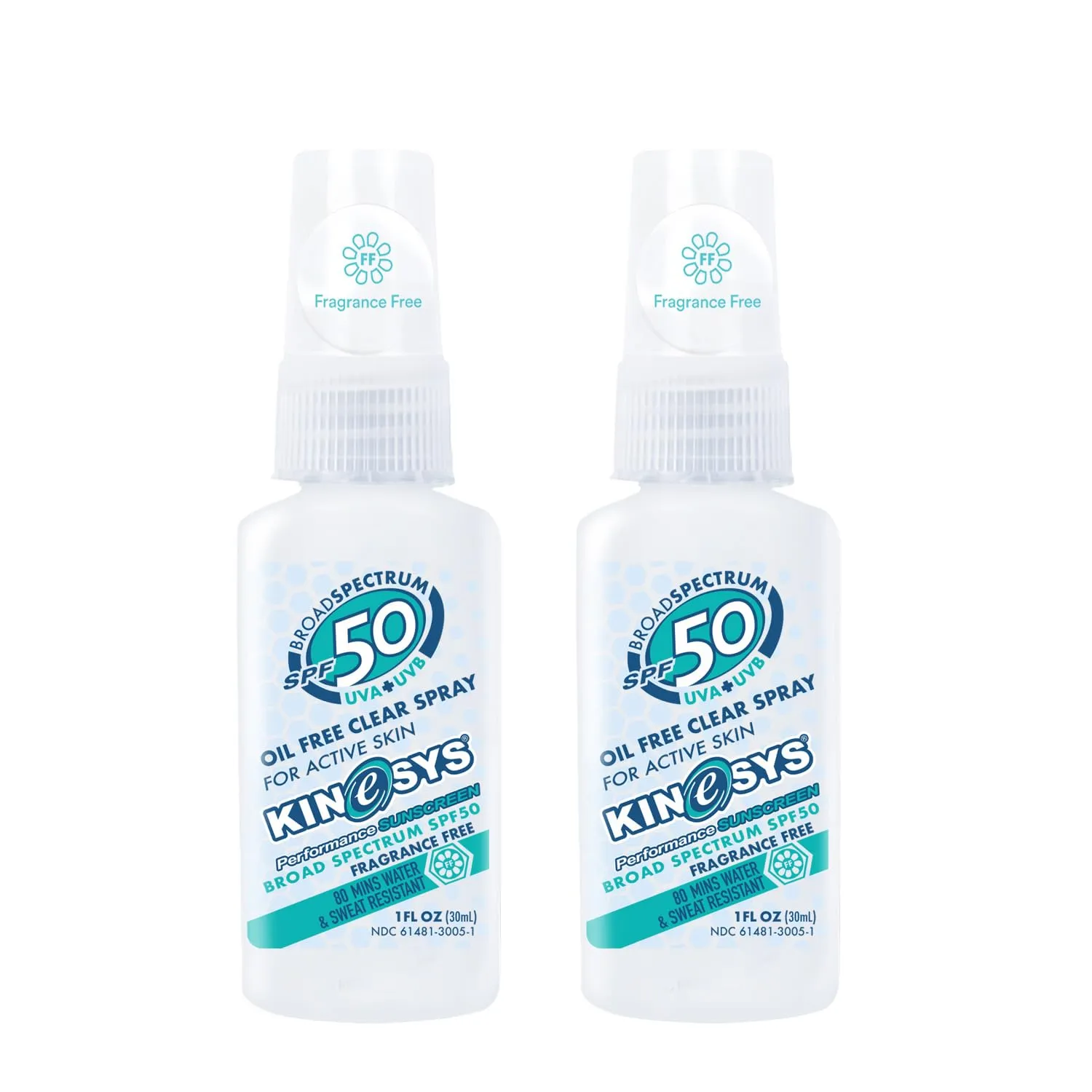 KINeSYS Fragrance Free Clear Spray Sunscreen for sensitive skin, SPF 50, Hypoallergenic, Broad Spectrum UVA/UVB protection Face & Body; PABA and Oxybenzone FREE, 170  Sprays, 1 Fl Oz/30 ml (Pack of 2)