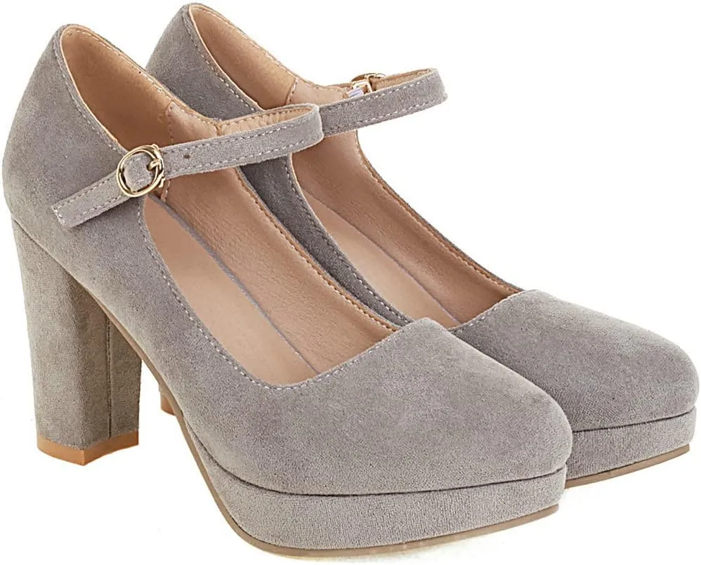 KISSASA Womens Faux Suede High Heel Mary Janes Chunky Round Toe Platform Ankle Strap Pumps Office Work Dress Shoes