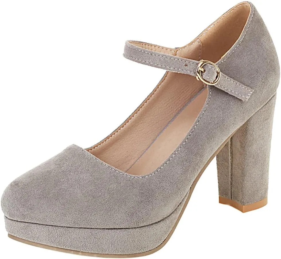 KISSASA Womens Faux Suede High Heel Mary Janes Chunky Round Toe Platform Ankle Strap Pumps Office Work Dress Shoes