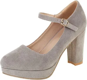 KISSASA Womens Faux Suede High Heel Mary Janes Chunky Round Toe Platform Ankle Strap Pumps Office Work Dress Shoes
