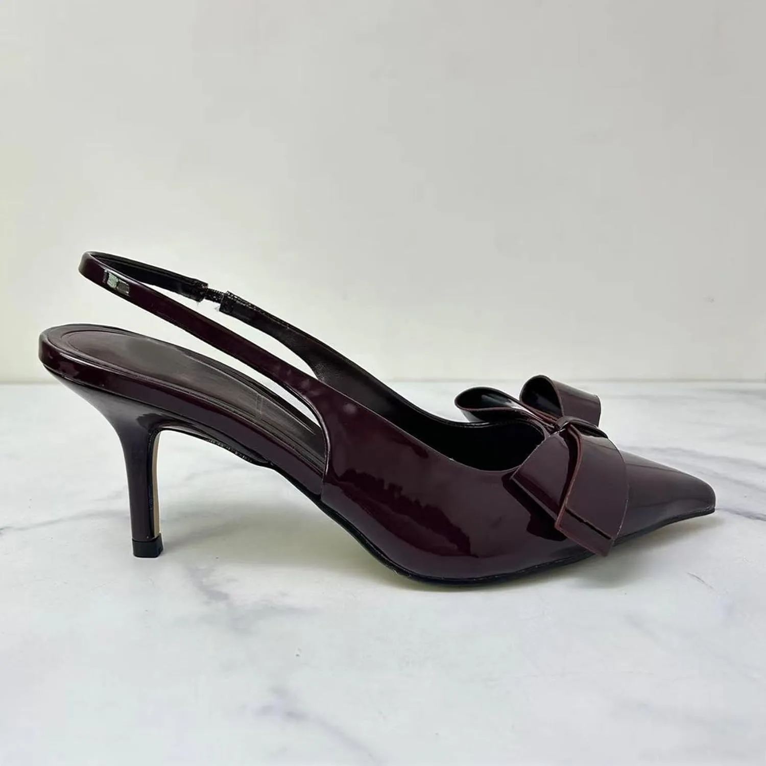 KOKOMOMO Womens Pointed Toe Slingback Heels Patent Leather Pumps Bow Heels