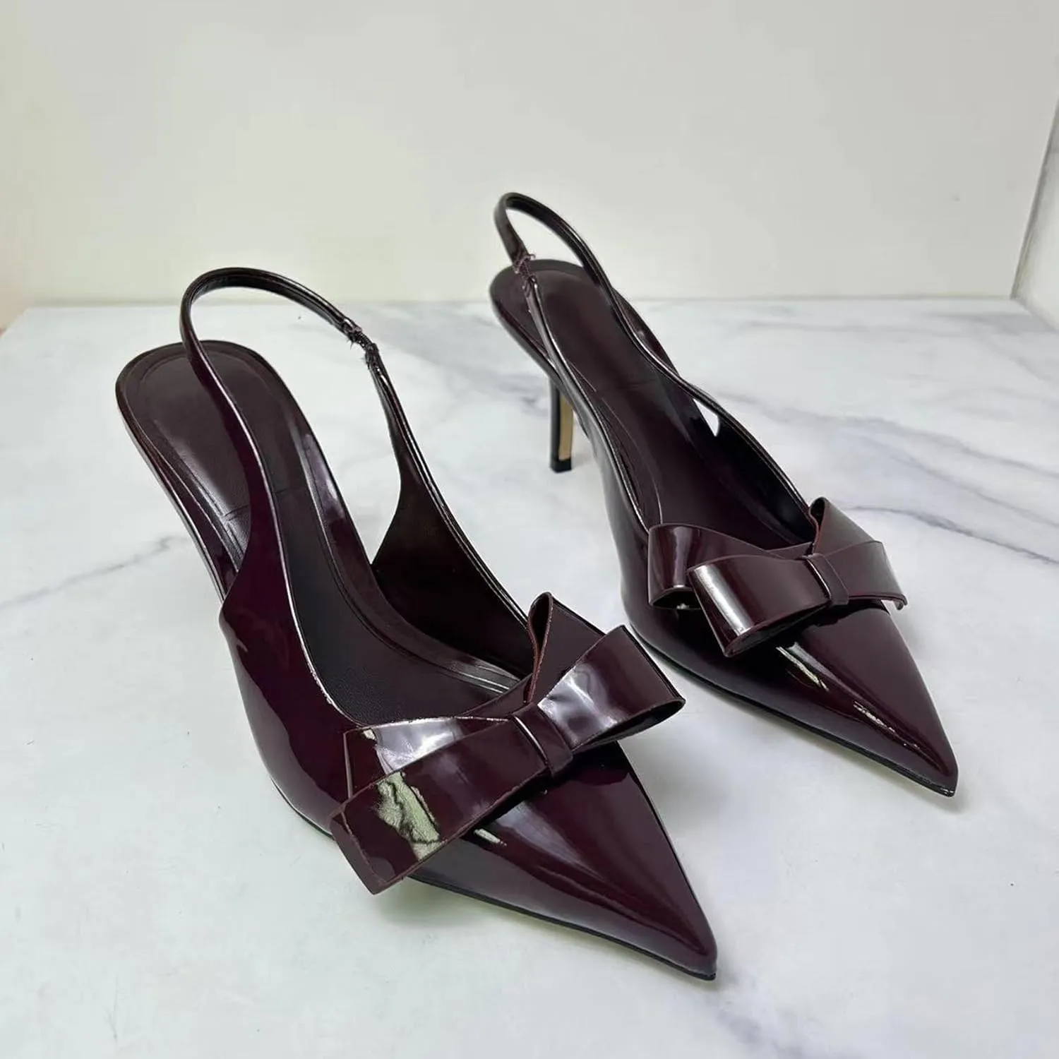 KOKOMOMO Womens Pointed Toe Slingback Heels Patent Leather Pumps Bow Heels