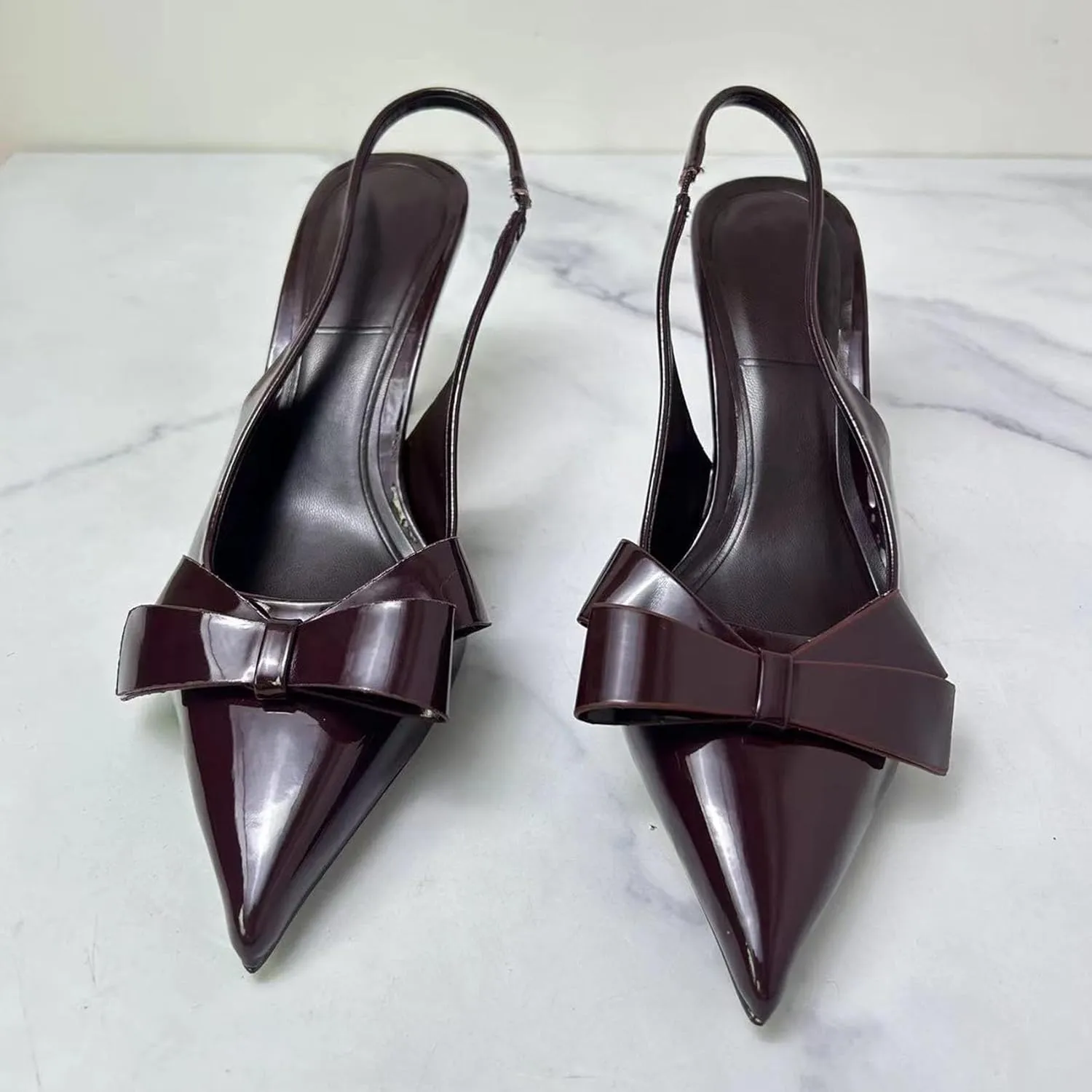 KOKOMOMO Womens Pointed Toe Slingback Heels Patent Leather Pumps Bow Heels