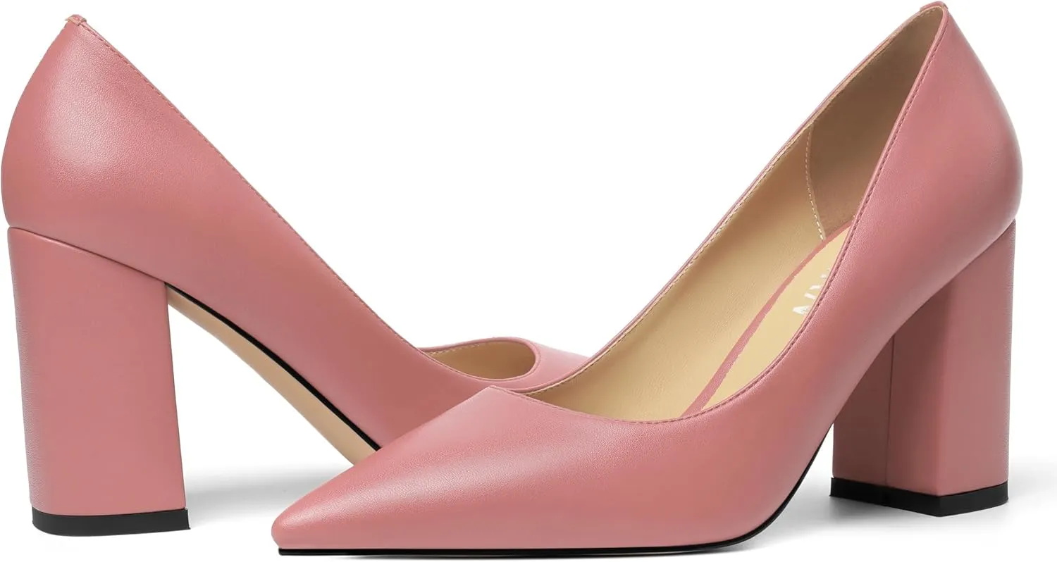 KUOARN Womens Office Formal Pointed Toe Solid Matte Slip On Block High Heel Pumps Shoes 3.3 Inch