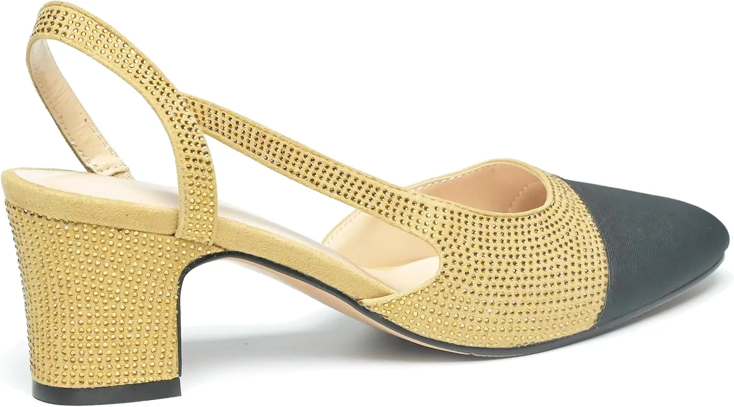 LEHOOR Chunky Heel Slingback Pumps Cap Toe Two Toned for Women, Mid Block Heel Almond Pointy Toe Sandals Quarter Strap Hollowed Backless D’Orsay Slip On Sandals Office Party Prom 5-13 M US