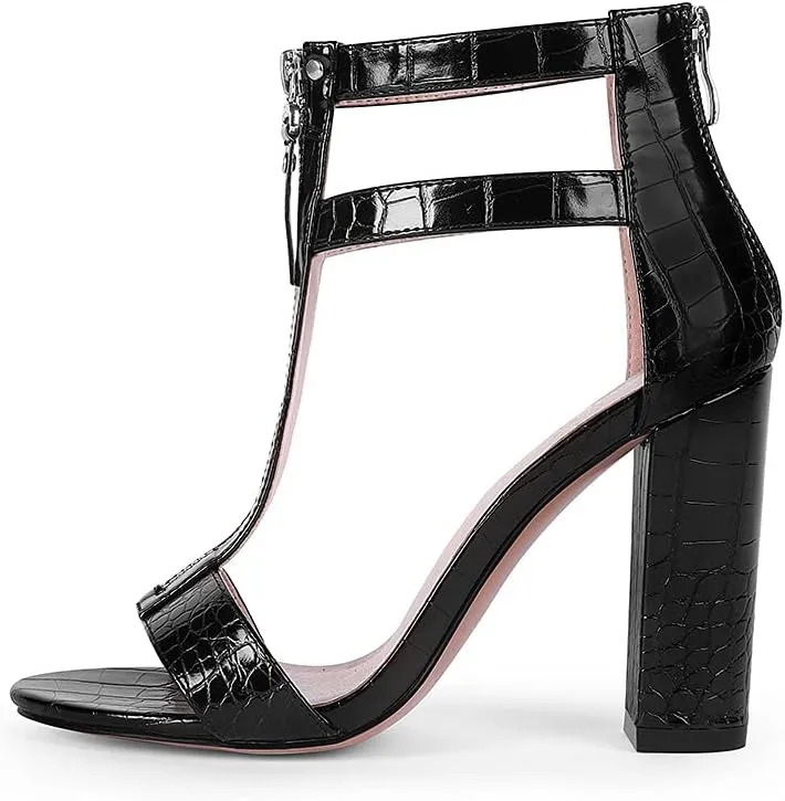 LEHOOR Women Chunky Heel Sandals Zip T-Strap Stone Pattern Pumps Round Open Toe Matte Leather 4 Inch Block Heel Summer Party Wedding Dress Heel Sandals Size 4-10 M US