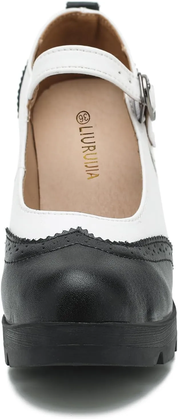 LIURUIJIA Women's Classic Leather Mary Janes Pumps Closed Toe Platform Chunky Mid Block Heels Ankle Strap Round Toe Comfortable Oxfords Dress Work Shoes