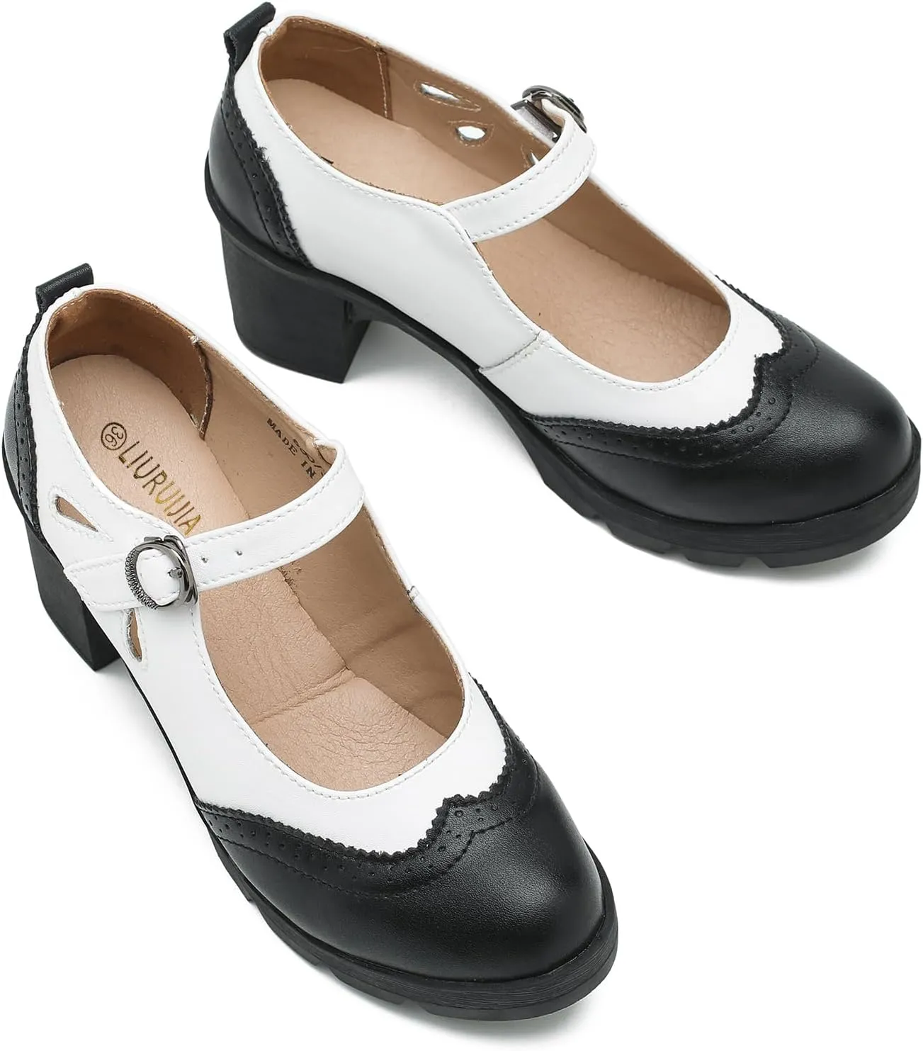 LIURUIJIA Women's Classic Leather Mary Janes Pumps Closed Toe Platform Chunky Mid Block Heels Ankle Strap Round Toe Comfortable Oxfords Dress Work Shoes
