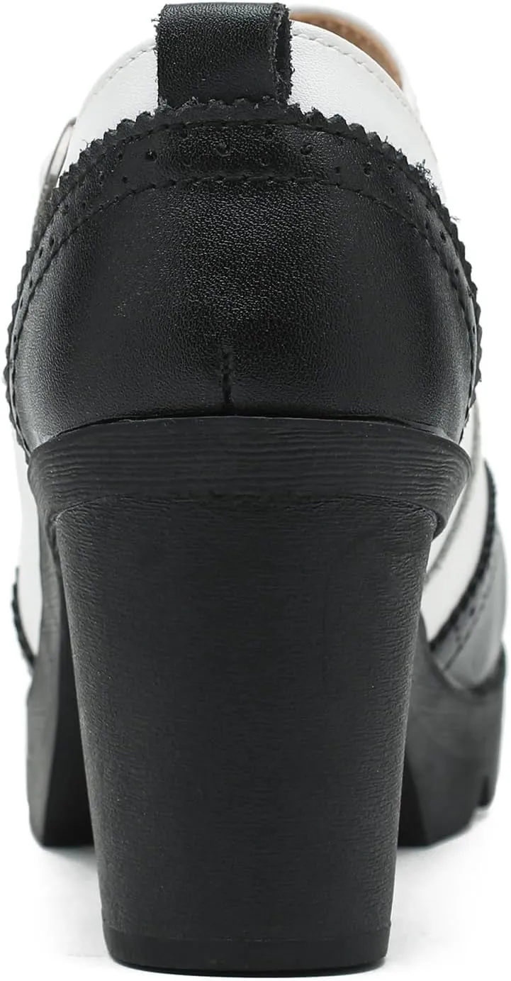 LIURUIJIA Women's Classic Leather Mary Janes Pumps Closed Toe Platform Chunky Mid Block Heels Ankle Strap Round Toe Comfortable Oxfords Dress Work Shoes