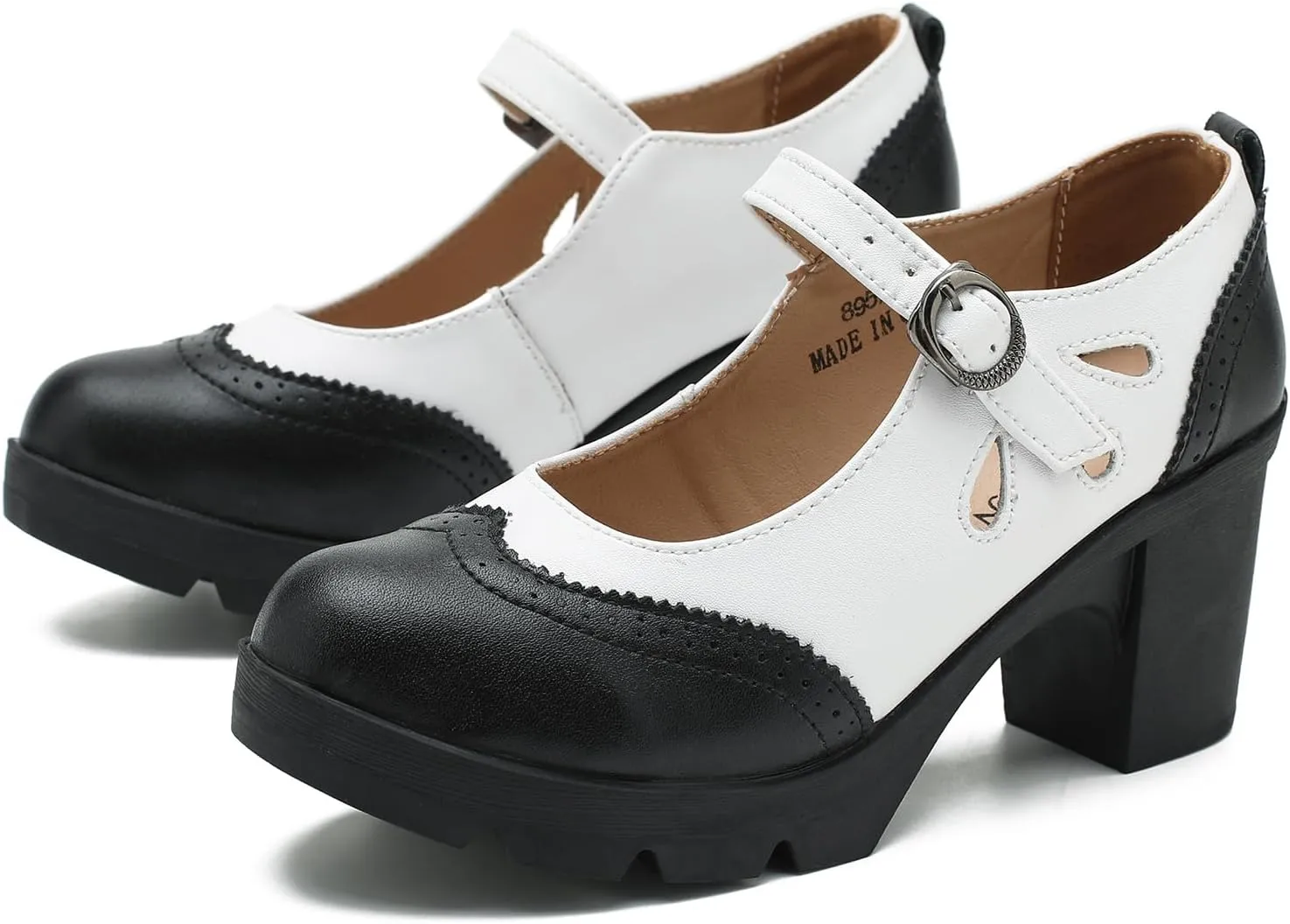 LIURUIJIA Women's Classic Leather Mary Janes Pumps Closed Toe Platform Chunky Mid Block Heels Ankle Strap Round Toe Comfortable Oxfords Dress Work Shoes