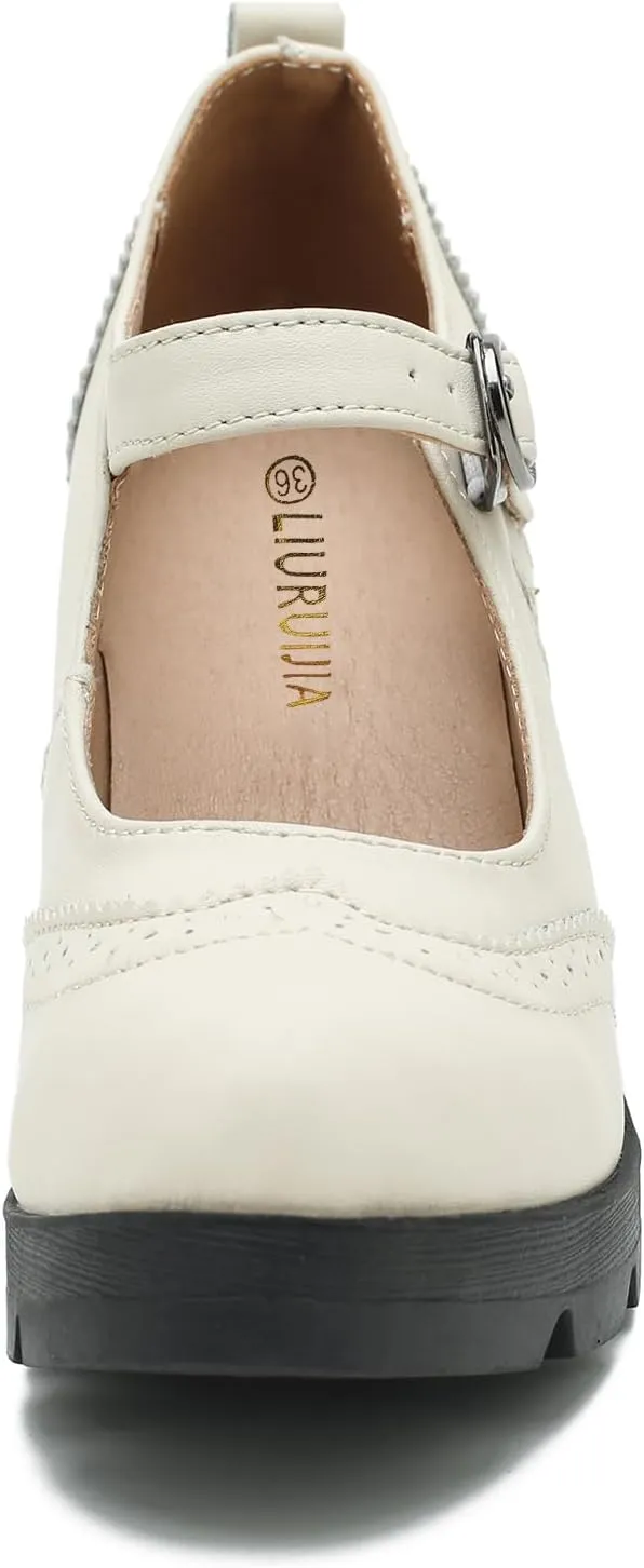 LIURUIJIA Women's Classic Leather Mary Janes Pumps Closed Toe Platform Chunky Mid Block Heels Ankle Strap Round Toe Comfortable Oxfords Dress Work Shoes