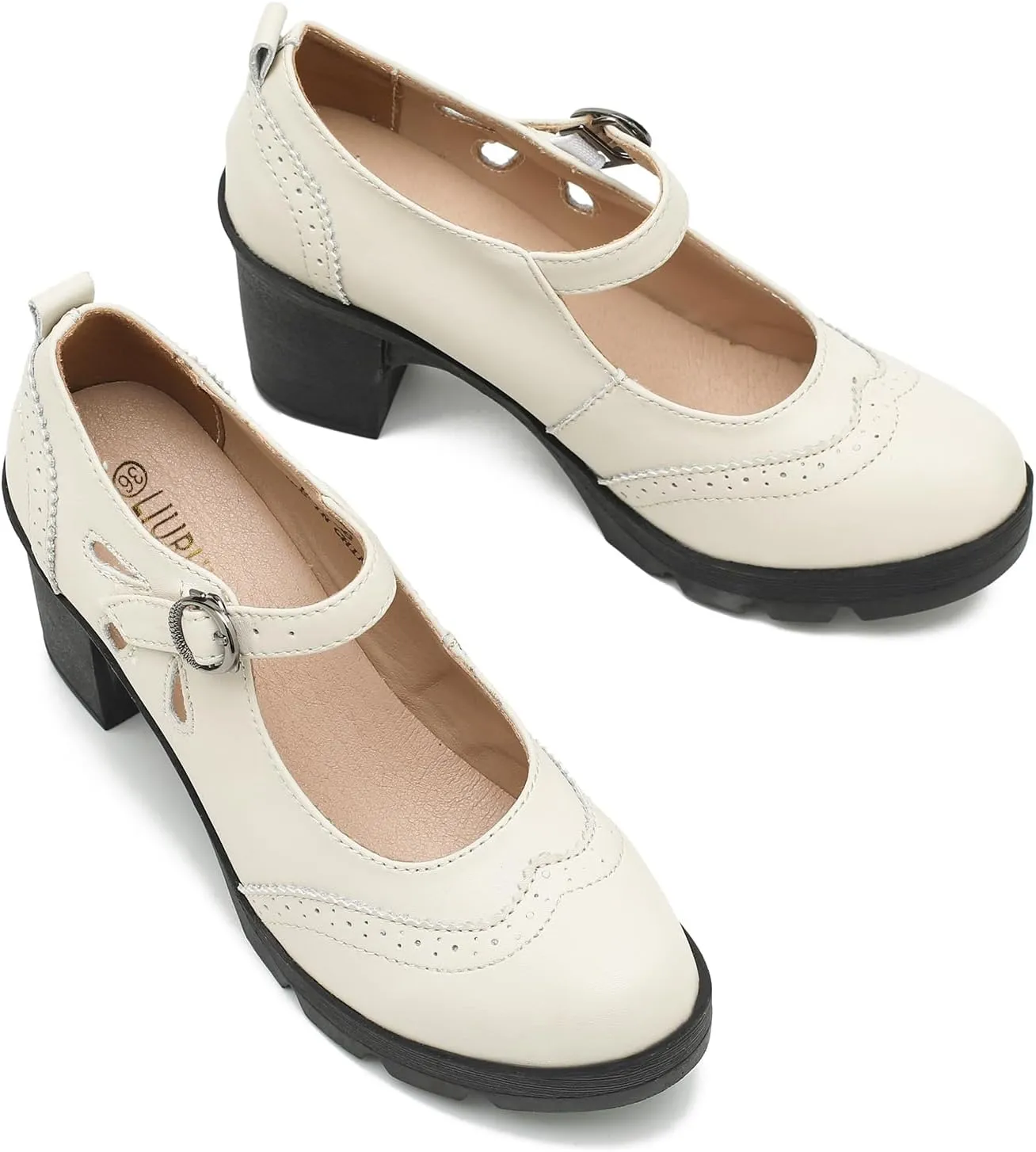LIURUIJIA Women's Classic Leather Mary Janes Pumps Closed Toe Platform Chunky Mid Block Heels Ankle Strap Round Toe Comfortable Oxfords Dress Work Shoes