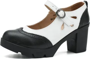 LIURUIJIA Women's Classic Leather Mary Janes Pumps Closed Toe Platform Chunky Mid Block Heels Ankle Strap Round Toe Comfortable Oxfords Dress Work Shoes