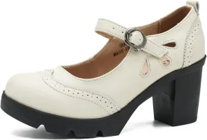 LIURUIJIA Women's Classic Leather Mary Janes Pumps Closed Toe Platform Chunky Mid Block Heels Ankle Strap Round Toe Comfortable Oxfords Dress Work Shoes