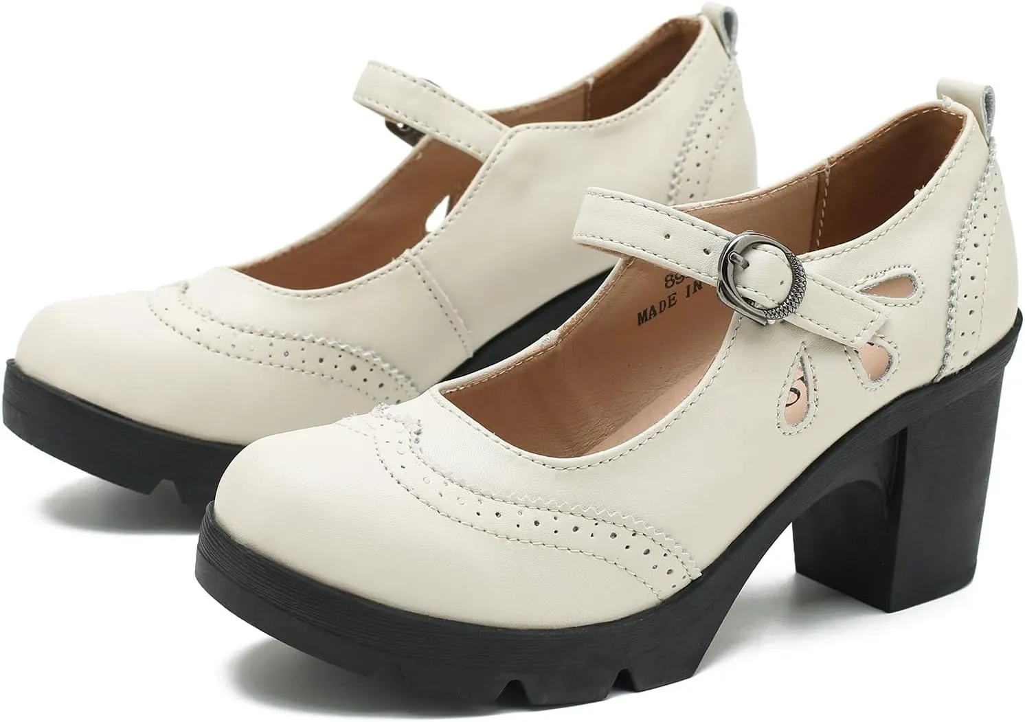 LIURUIJIA Women's Classic Leather Mary Janes Pumps Closed Toe Platform Chunky Mid Block Heels Ankle Strap Round Toe Comfortable Oxfords Dress Work Shoes