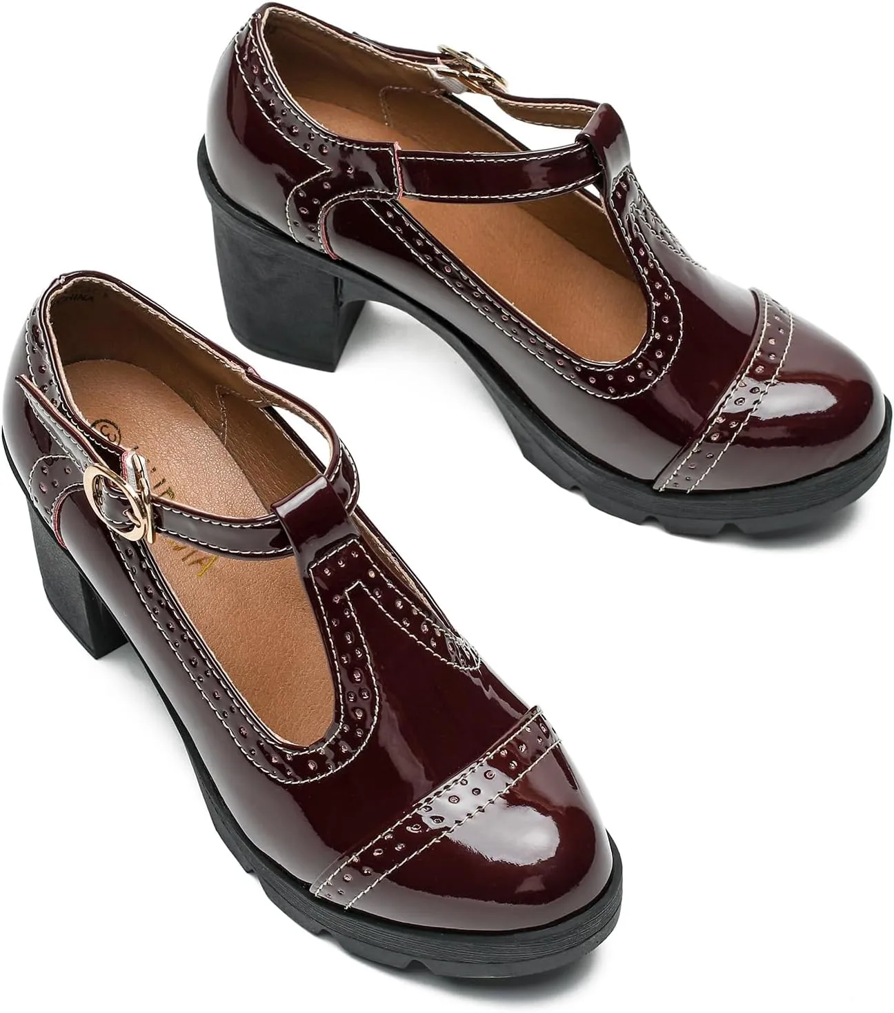 LIURUIJIA Women's Classic Leather T-Strap Mary Jane Heels Ankle Strap Platform Pumps Low Chunky Block Heels Comfortable Round Toe Oxfords Dress Work Shoes