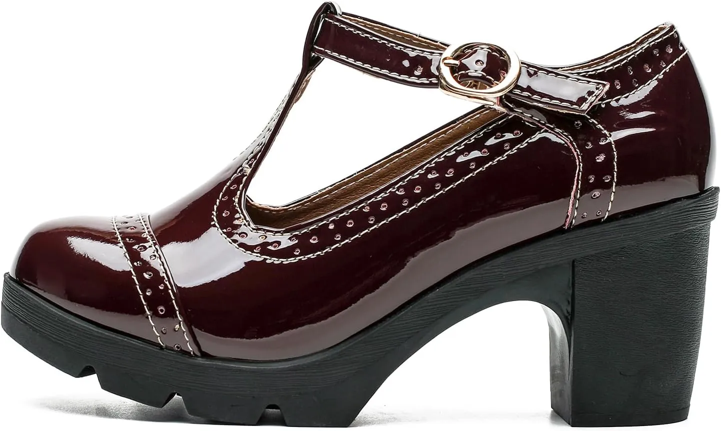 LIURUIJIA Women's Classic Leather T-Strap Mary Jane Heels Ankle Strap Platform Pumps Low Chunky Block Heels Comfortable Round Toe Oxfords Dress Work Shoes