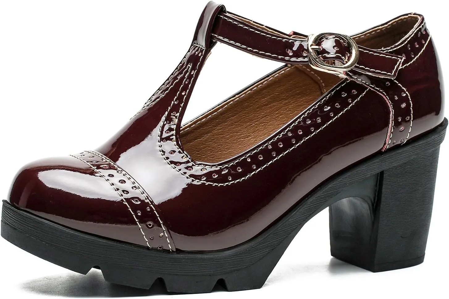 LIURUIJIA Women's Classic Leather T-Strap Mary Jane Heels Ankle Strap Platform Pumps Low Chunky Block Heels Comfortable Round Toe Oxfords Dress Work Shoes