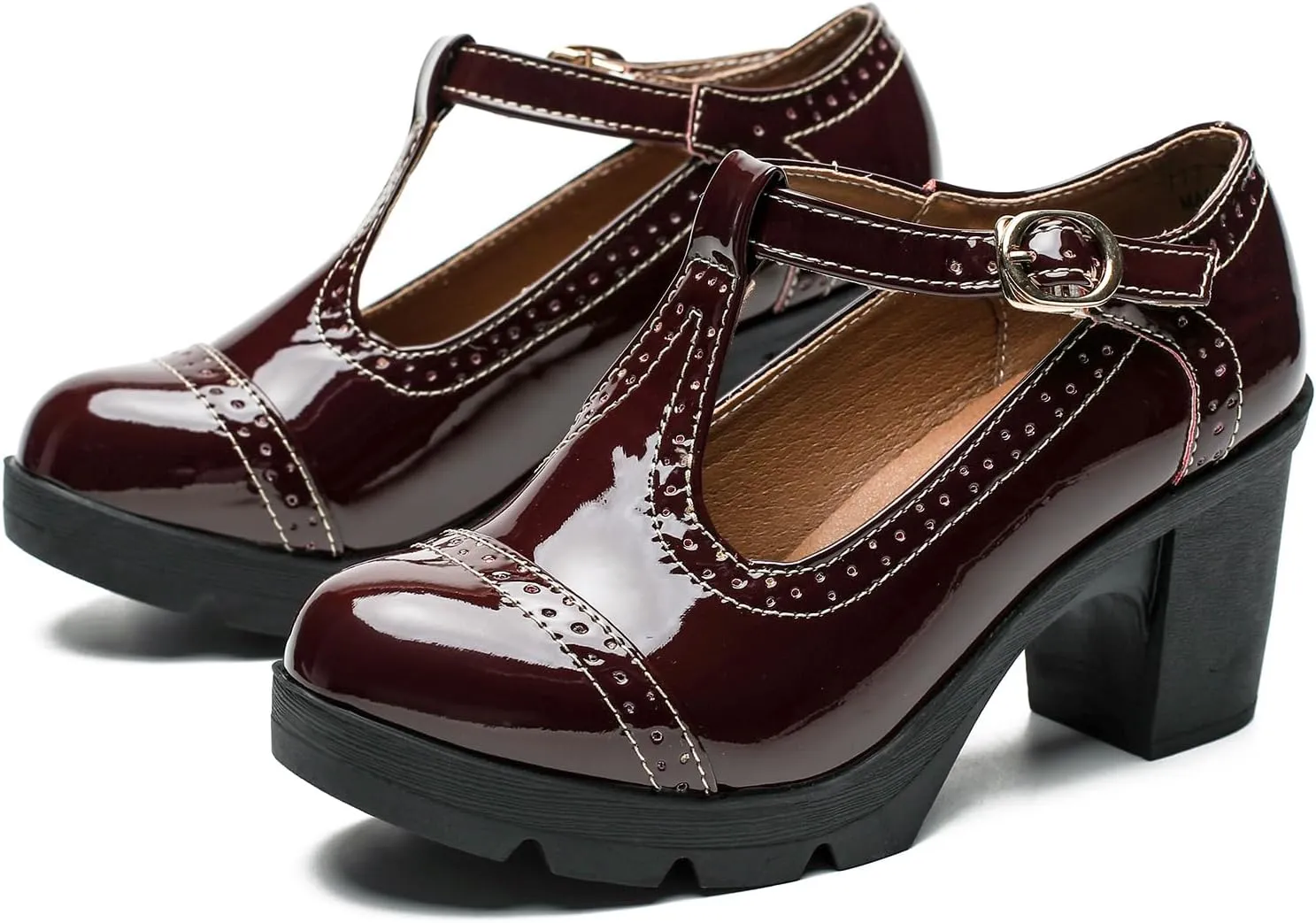 LIURUIJIA Women's Classic Leather T-Strap Mary Jane Heels Ankle Strap Platform Pumps Low Chunky Block Heels Comfortable Round Toe Oxfords Dress Work Shoes