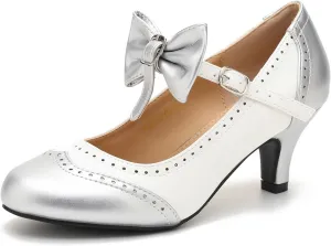 LIURUIJIA Women's Low Kitten Heel Mary Jane Oxfords Pumps Comfortable Ankle Strap Dress Shoes with Bow