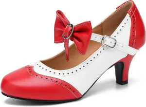 LIURUIJIA Women's Low Kitten Heel Mary Jane Oxfords Pumps Comfortable Ankle Strap Dress Shoes with Bow