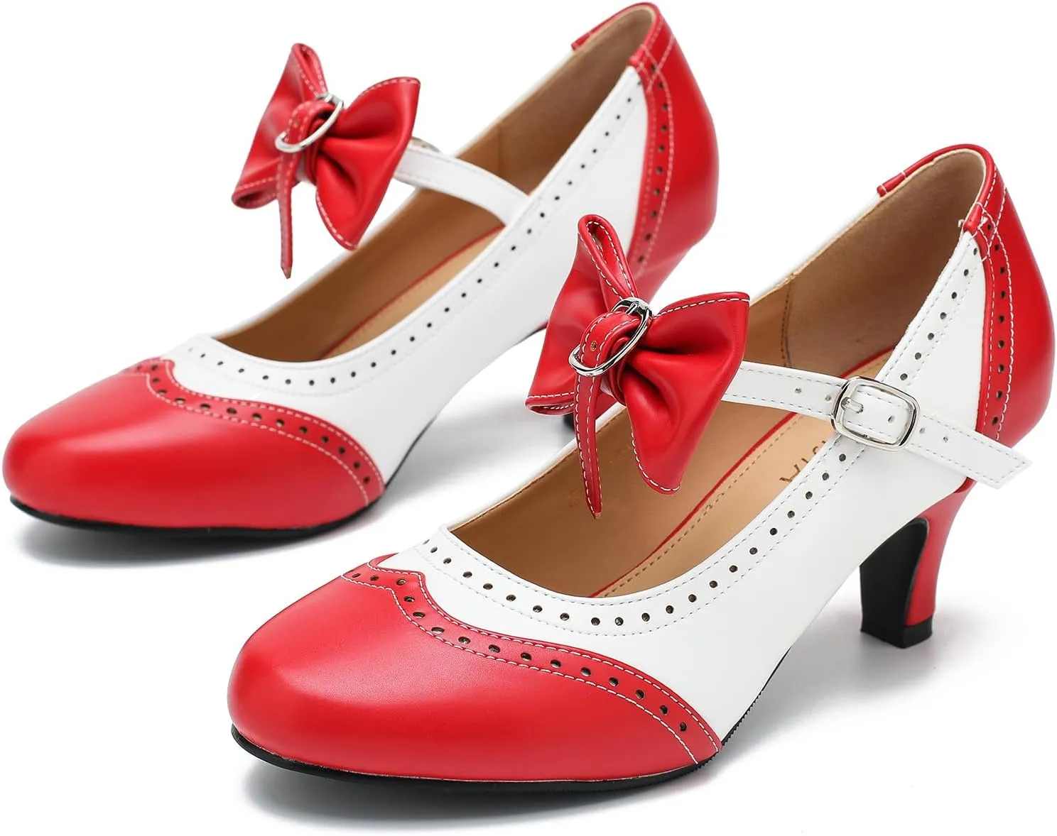 LIURUIJIA Women's Low Kitten Heel Mary Jane Oxfords Pumps Comfortable Ankle Strap Dress Shoes with Bow
