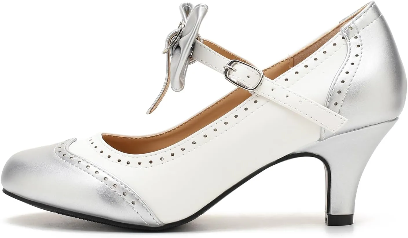 LIURUIJIA Women's Low Kitten Heel Mary Jane Oxfords Pumps Comfortable Ankle Strap Dress Shoes with Bow