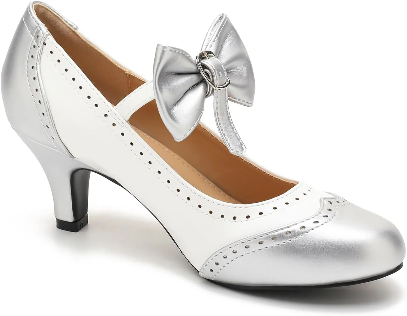 LIURUIJIA Women's Low Kitten Heel Mary Jane Oxfords Pumps Comfortable Ankle Strap Dress Shoes with Bow