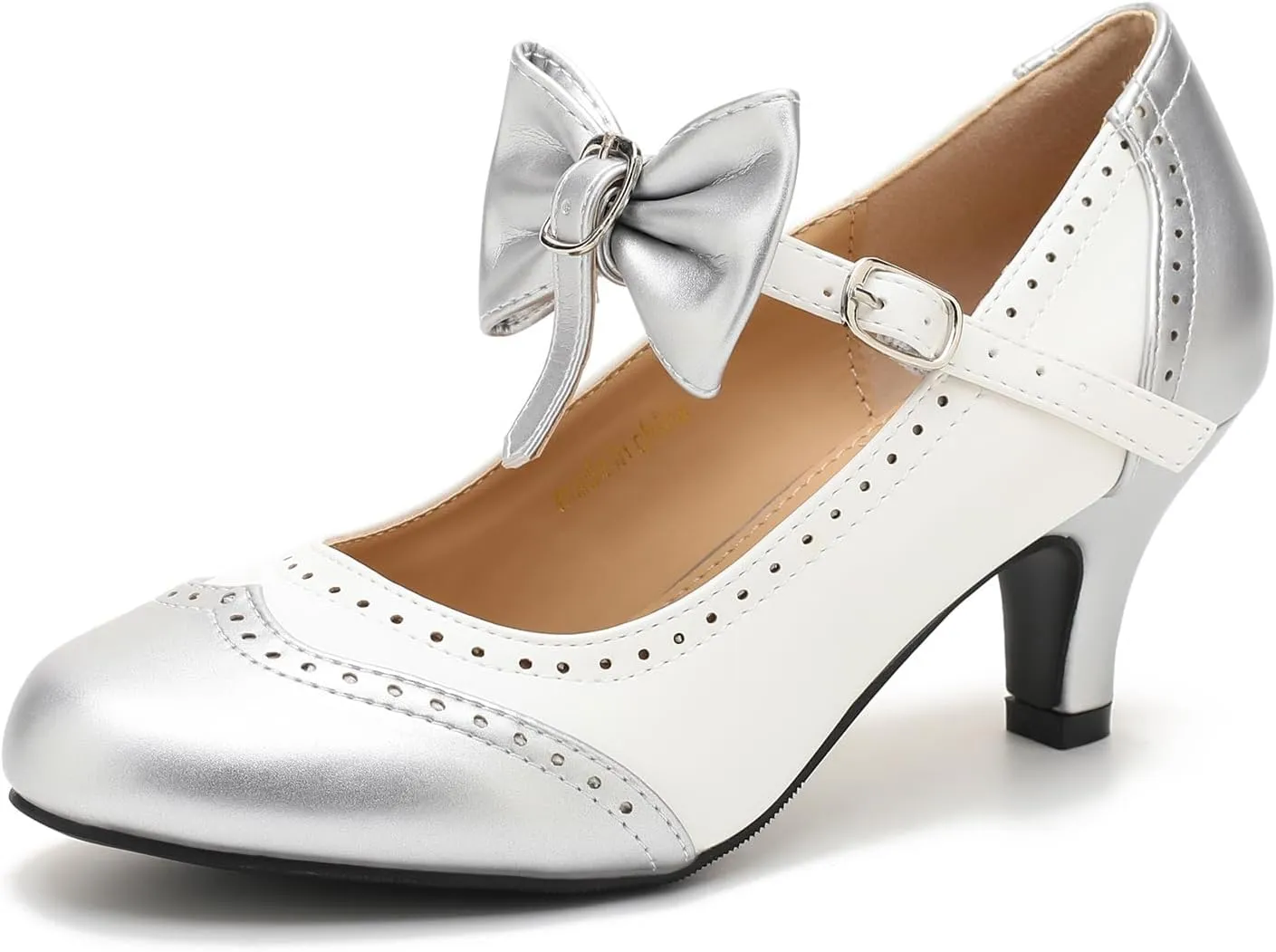 LIURUIJIA Women's Low Kitten Heel Mary Jane Oxfords Pumps Comfortable Ankle Strap Dress Shoes with Bow