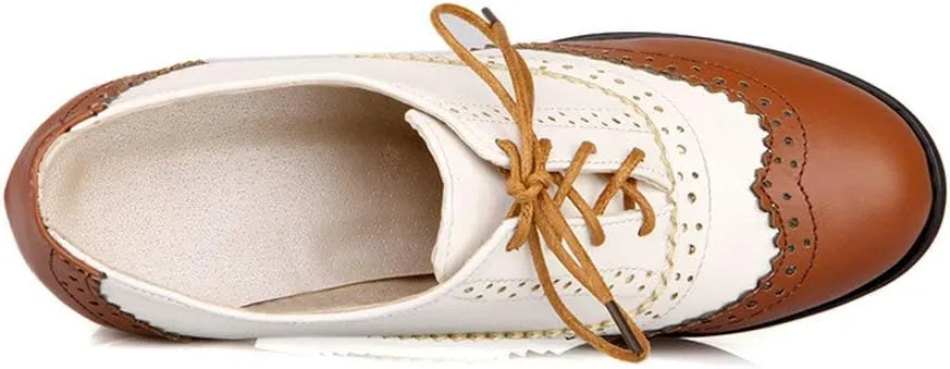 LUXMAX Womens Plaid Lace Up Wingtip Oxfords Brogues Shoes Stacked Block Heel Pumps