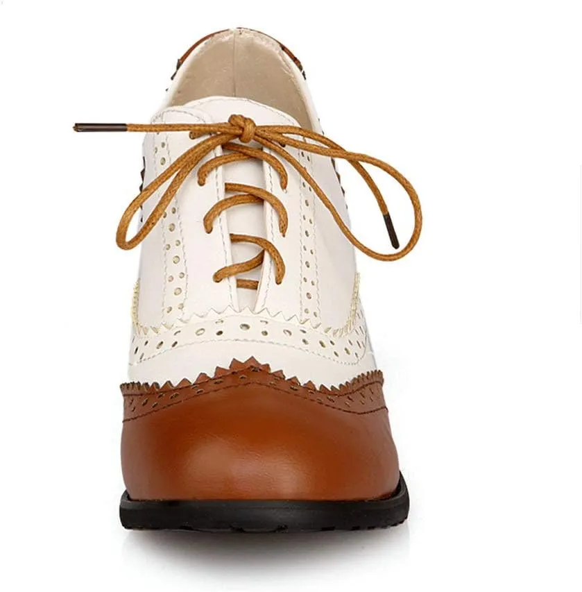 LUXMAX Womens Plaid Lace Up Wingtip Oxfords Brogues Shoes Stacked Block Heel Pumps