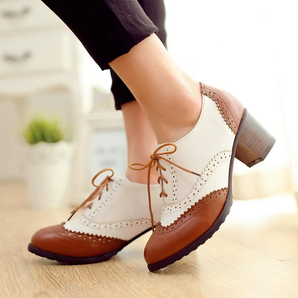 LUXMAX Womens Plaid Lace Up Wingtip Oxfords Brogues Shoes Stacked Block Heel Pumps
