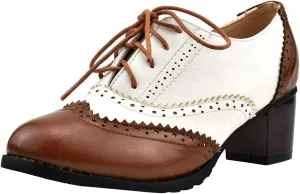 LUXMAX Womens Plaid Lace Up Wingtip Oxfords Brogues Shoes Stacked Block Heel Pumps