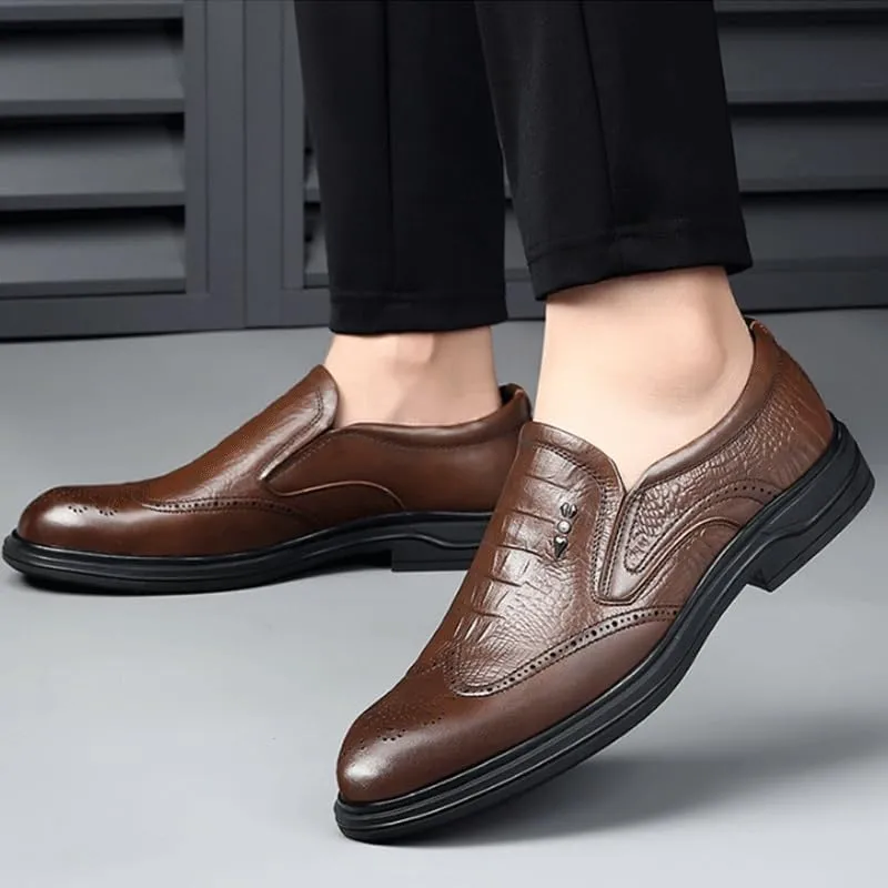 Men's Trendy Brogue Wingtip Oxfords Shoes Men's Vintage Crocodile Print Strap Slip On Dress Shoes Heightening Effect Business Casual Shoes