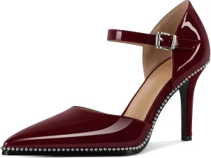 Mettesally Women High Heels Closed Pointed Toe Heels Stilettos Beaded Pumps Ankle Strap Women Pumps Shoes 3.5 Inch