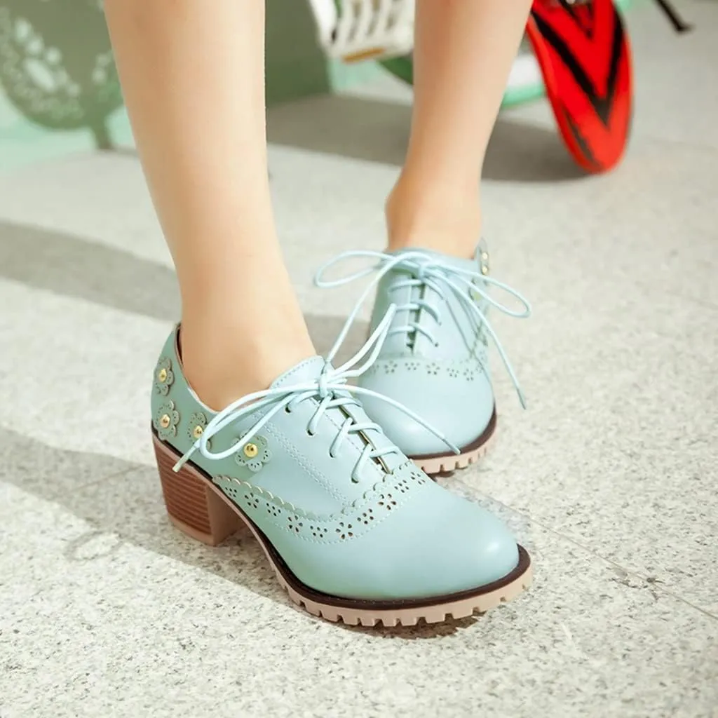 MIOKE Women's Round Toe Lace Up Pump Oxfords Vintage Two Tone Wingtip Chunky High Heel Brogues Dress Shoes