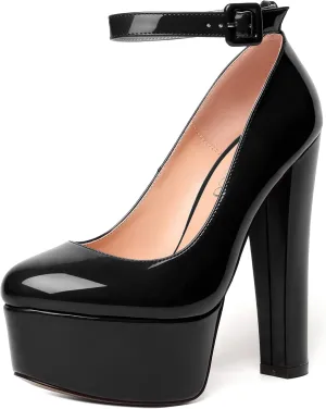 MODENCOCO Womens Bridal Round Toe Ankle Strap Evening Platform Buckle Sexy Patent Block High Heel Pumps Dress Shoes 6 Inch