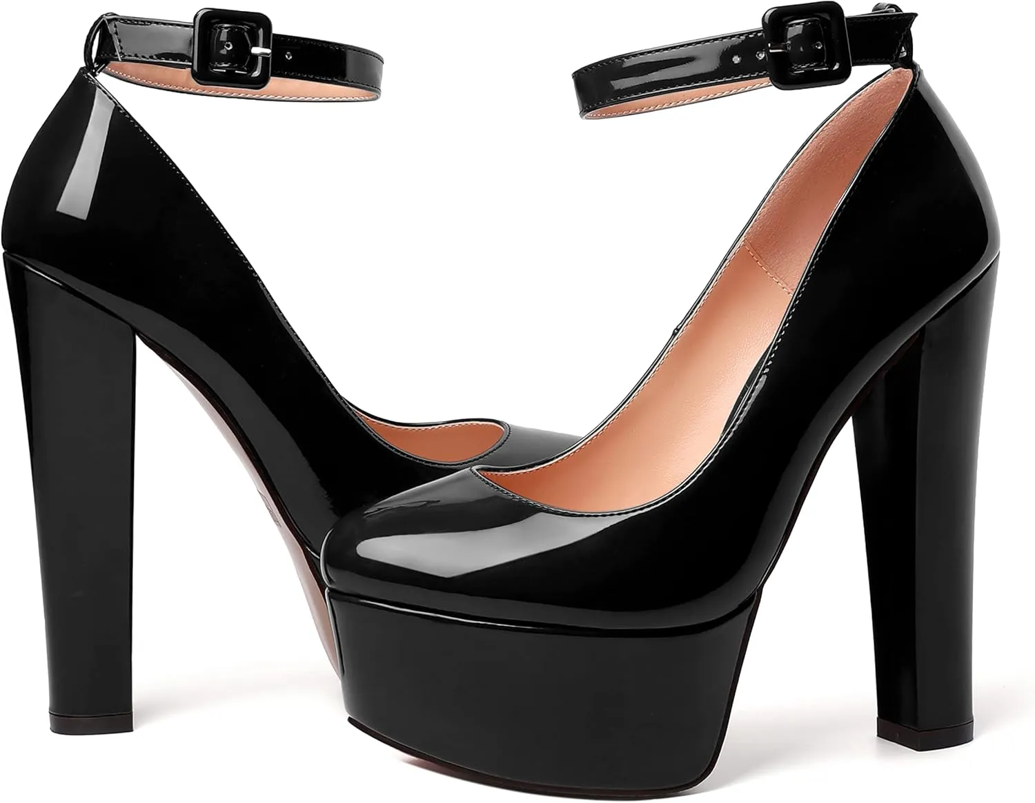 MODENCOCO Womens Bridal Round Toe Ankle Strap Evening Platform Buckle Sexy Patent Block High Heel Pumps Dress Shoes 6 Inch