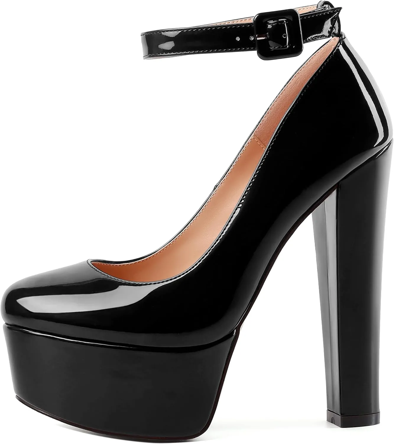 MODENCOCO Womens Bridal Round Toe Ankle Strap Evening Platform Buckle Sexy Patent Block High Heel Pumps Dress Shoes 6 Inch
