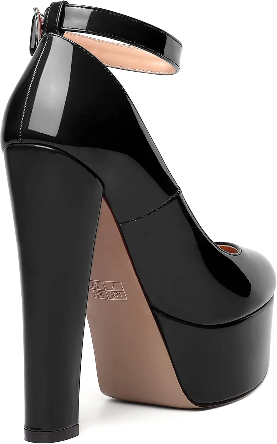 MODENCOCO Womens Bridal Round Toe Ankle Strap Evening Platform Buckle Sexy Patent Block High Heel Pumps Dress Shoes 6 Inch