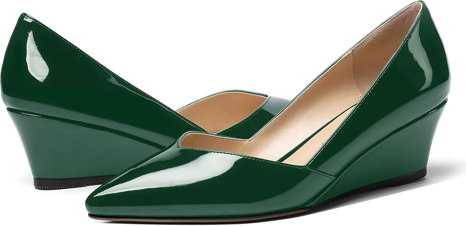 MODENCOCO Women's Slip On Professional Office Pointed Toe Patent Wedge Low Heel Pumps Shoes 2 Inch